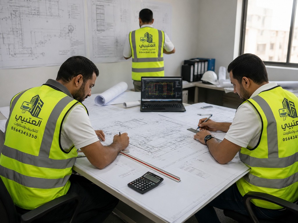 فريق هندسي من العتيبي يراجع مخططات تنفيذية ورسومات هندسية على مكتب العمل